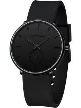 Crrju Men's All Black Stylish Waterproof Quartz Unisex Ultra Silicone Band Watch